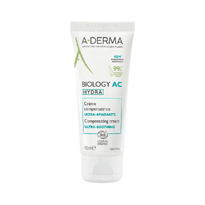 Frasco branco de creme compensador A-DERMA BIOLOGY AC HYDRA com texto em verde e azul