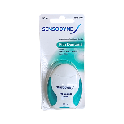 Embalagem de fita dentária Sensodyne branca e verde com texto em português