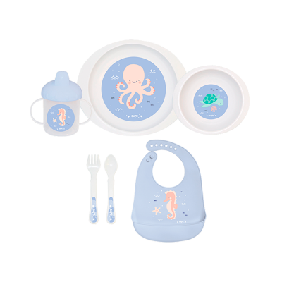 Conjunto de alimentação para bebé azul claro com ilustrações de polvo, tartaruga e cavalo-marinho