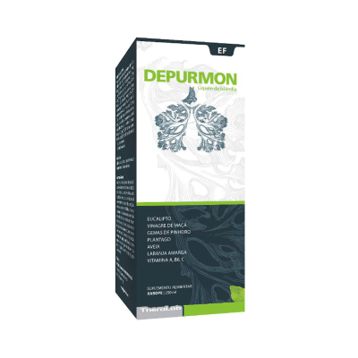 Embalagem Depurmon suplemento alimentar líquido xarope 250ml com ilustração de pulmão