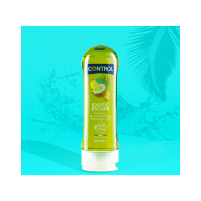 Gel de massagem Control Exotic Escape embalagem 200 ml com frutas em fundo azul