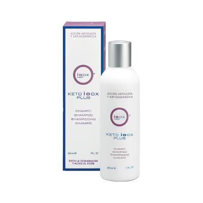 Frasco branco com embalagem de champô iOox Hair KETO ioox PLUS