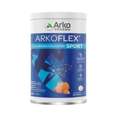 Suplemento ARKOFLEX SPORT em embalagem cilíndrica branca e azul