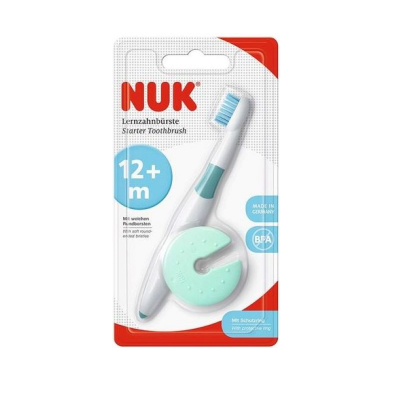 Escova de dentes infantil NUK Starter Toothbrush com anel protetor azul na embalagem