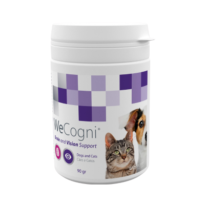 Frasco branco de suplemento para cães e gatos WeCogni com imagens de um gato e um cão.