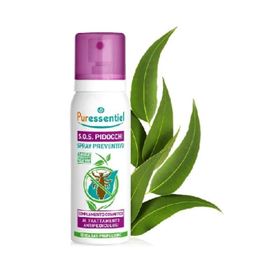 Frasco de spray Puressentiel S.O.S. PIDOCCHI com folhas verdes ao fundo
