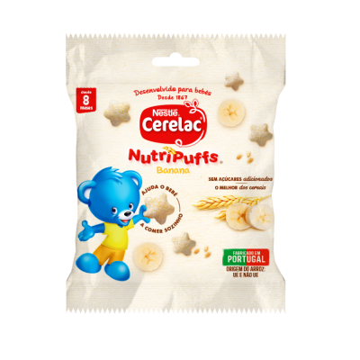 Embalagem de Cerelac NutriPuffs sabor banana com ursinho azul e imagens de banana