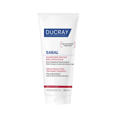 Tubo plástico branco com shampoo Ducray Sabal para couro cabeludo oleoso, 200 ml