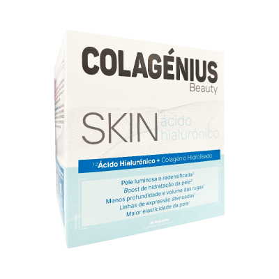 Embalagem creme e azul claro do suplemento COLAGÉNIUS Beauty SKIN ácido hialurónico