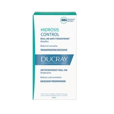 Embalagem do roll-on antitranspirante DUCRAY HIDROSIS CONTROL branca com detalhes verdes e azuis