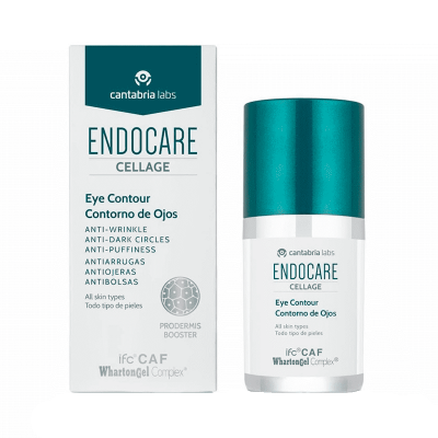 Produto Endocare Cellage Eye Contour com caixa branca azul e frasco com tampa azul