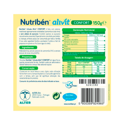 Etiqueta amarela do produto Nutribén alivit CONFORT 150g com texto informativo e código de barras