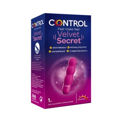Caixa do produto Control Velvet Secret em azul e roxo com texto e imagem do mini estimulador cor de rosa