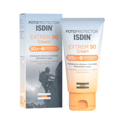 Fotoprotetor ISDIN EXTREM 90 Cream FPS 50+ em tubo branco e laranja com caixa