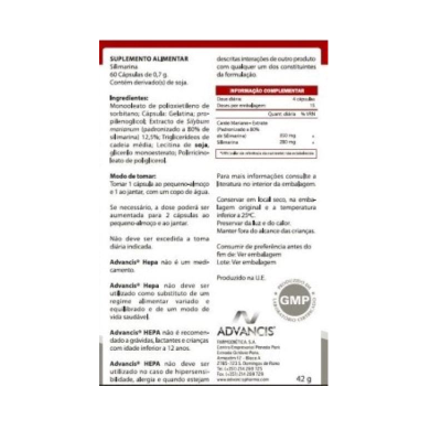 Embalagem de suplemento alimentar Advancis Hepa com texto informativo em português.