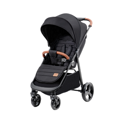 Carrinho de bebé preto com detalhes castanhos e rodas dianteiras giratórias