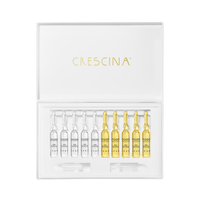 Caixa aberta com ampolas transparentes e douradas do produto CRESCINA organizadas lado a lado