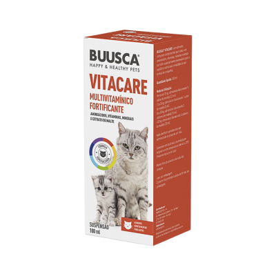 Embalagem de suplemento multivitamínico fortificante para gatos BUUSCA VITACARE com imagem de gatos