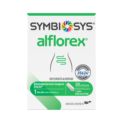 Embalagem do suplemento Symbiosys alflorex com texto e design branco e verde.
