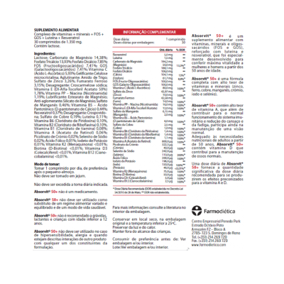 Rótulo suplemento alimentar Absorvit 50+ Farmodietica com informações e ingredientes