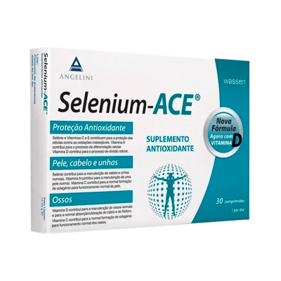 Caixa de suplemento antioxidante Selenium-ACE com detalhes azuis e texto em português.
