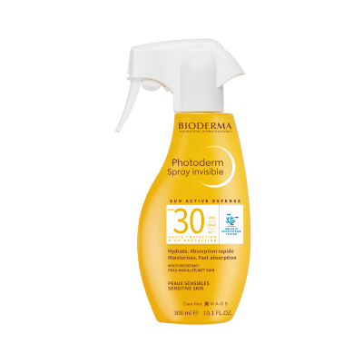 Frasco de spray amarelo Photoderm SPF 30 da Bioderma com tampa branca