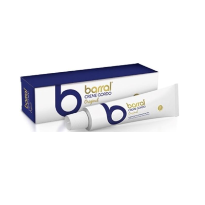 Creme Barral Creme Gordo Original em bisnaga branca ao lado da caixa azul e branca