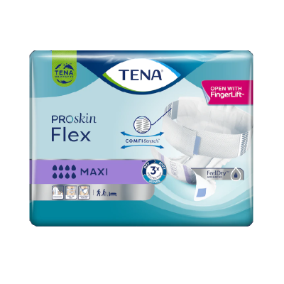 Pacote azul e lilás de fraldas para adultos TENA PROskin Flex com indicação MAXI e tecnologia FeelDry Advanced.