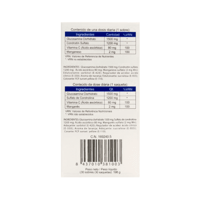 Embalagem traseira de suplemento alimentar com tabela nutricional e ingredientes em duas línguas