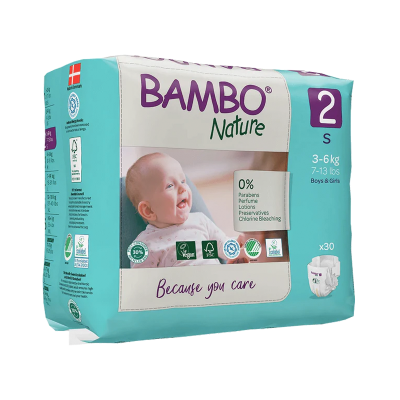 Pacote de fraldas Bambo Nature tamanho 2 para bebés de 3 a 6 kg com imagem de bebé e texto