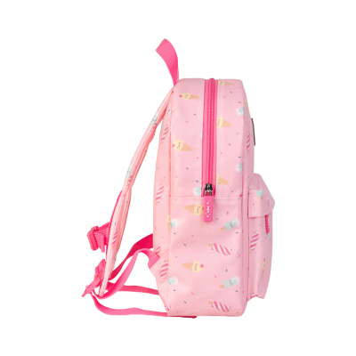 Mochila infantil rosa com padrão de gelados e doces