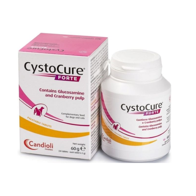 CystoCure FORTE suplemento para cães e gatos em embalagem branca e caixa rosa.