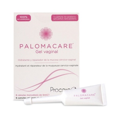 Embalagem e tubo branco e rosa de gel vaginal Palomacare com texto informativo