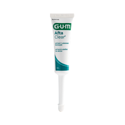 Tubo branco de gel GUM Afta Clear para aftas e lesões da boca com tampa branca