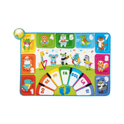 tapete musical infantil colorido com teclas de piano e animais animados