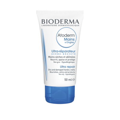 Bisnaga branca e azul de creme Bioderma Atoderm Mains & Ongles Ultra-réparateur 50 ml