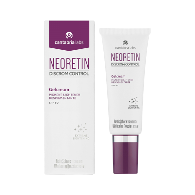 Gel clareador Neoretin Dischrom Control da Cantabria Labs com embalagem e tubo branco e detalhes em roxo