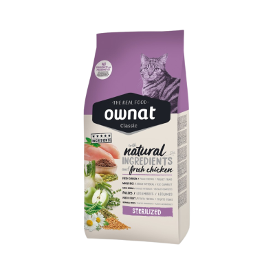 Saco de ração Ownat para gatos com ingredientes naturais e frango fresco