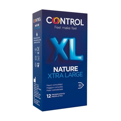 Caixa de preservativos CONTROL XL NATURE XTRA LARGE azul escura com texto colorido