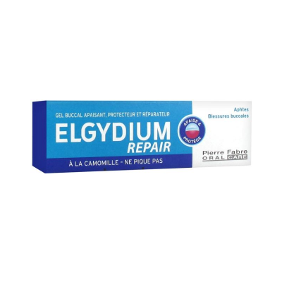 Embalagem de gel bucal Elgydium Repair azul e branco com texto em francês sobre uso para aftas e feridas bucais