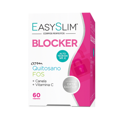 Embalagem de suplemento EASYSLIM BLOCKER com texto e cores branco, rosa e azul