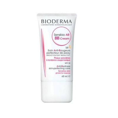 Bioderma Sensibio AR BB Cream em tubo branco com texto vermelho e preto.