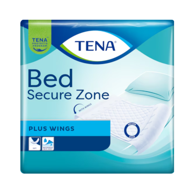 Pacote azul e branco TENA Bed Secure Zone para cama com asa e textura acolchoada