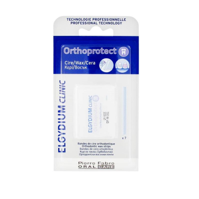 Embala de cera ortopédica ELGYDIUM CLINIC Orthoprotect branca e azul com texto em francês e inglês.