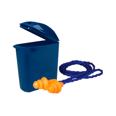 Protetores auriculares laranja com cordão azul e estojo azul aberto