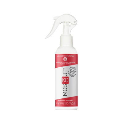 Frasco branco de spray anti-insetos MOSKOUT para têxteis, com rótulo vermelho e branco