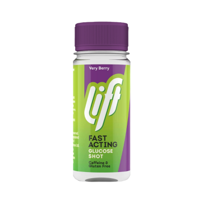 Frasco plástico com tampa roxa de suplemento alimentar liff sabor Very Berry.