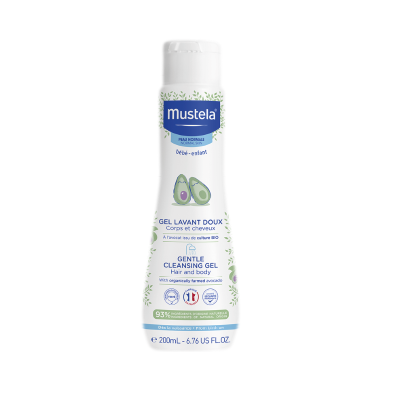 Frasco branco de gel de limpeza suave Mustela com desenho de abacate