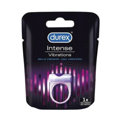 Embalagem de anel vibrador Durex Intense Vibrations preto e roxo