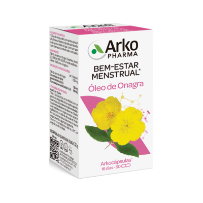 Embalagem de suplemento Arkopharma Bem-Estar Menstrual Óleo de Onagra com flores amarelas
